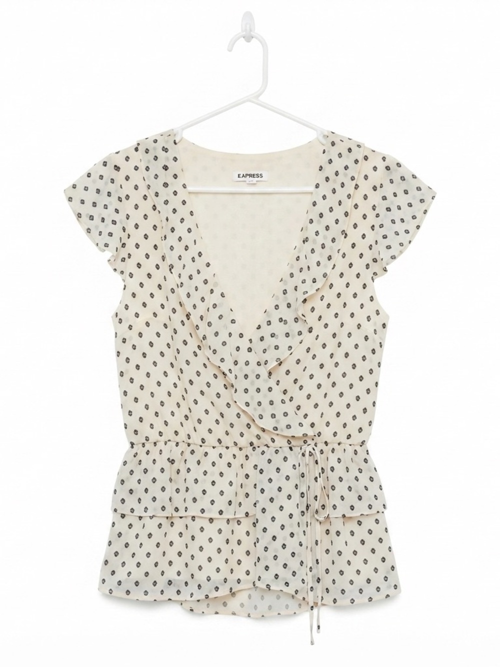 Express Cream Wrap Top with Black Dot Print and Ruffle Trim